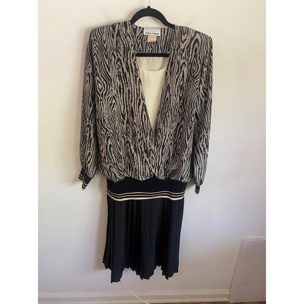 Toni Todd Vintage 80s Dress Black White Abstract Print Pleated Drop Waist 12
